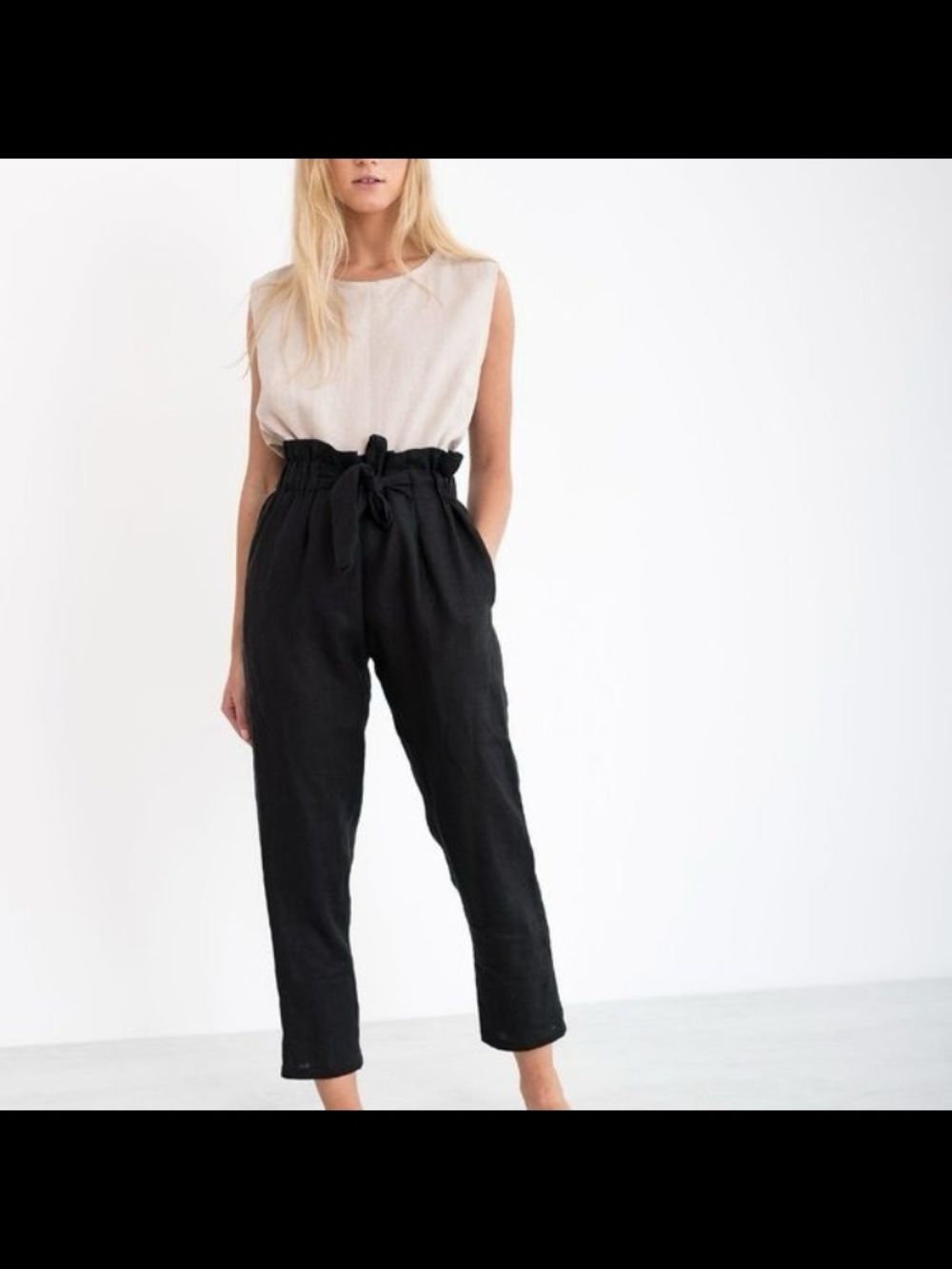 Tie-Waist High-Rise Blue Paperbag Trousers